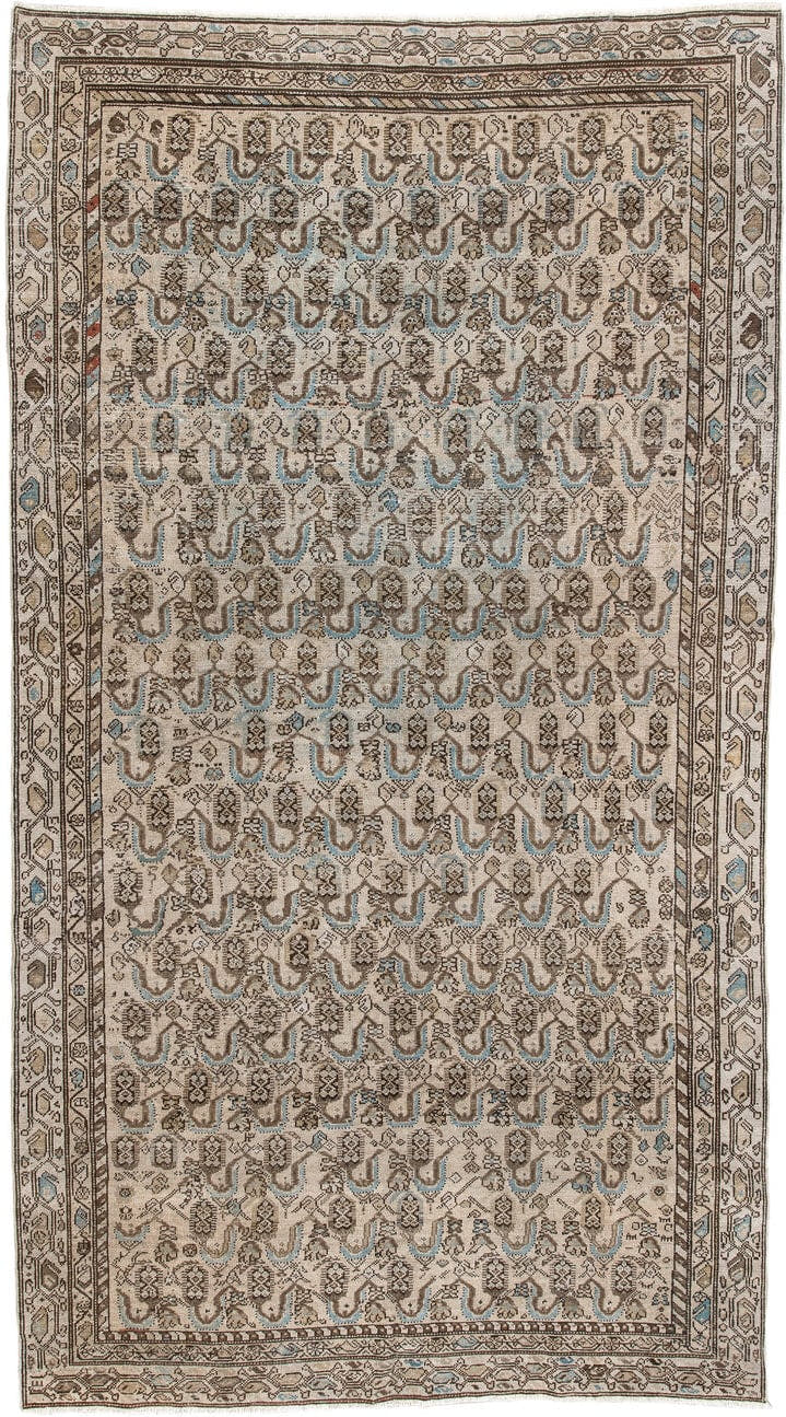 4' x 8' one-of-a-kind handmade antique Malayer medium size rug. Color palette: ivory, taupe, brown, sky blue, camel, rust
