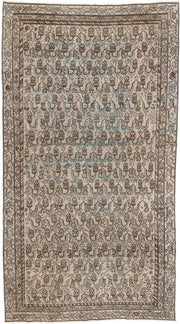 4' x 8' one-of-a-kind handmade antique Malayer medium size rug. Color palette: ivory, taupe, brown, sky blue, camel, rust