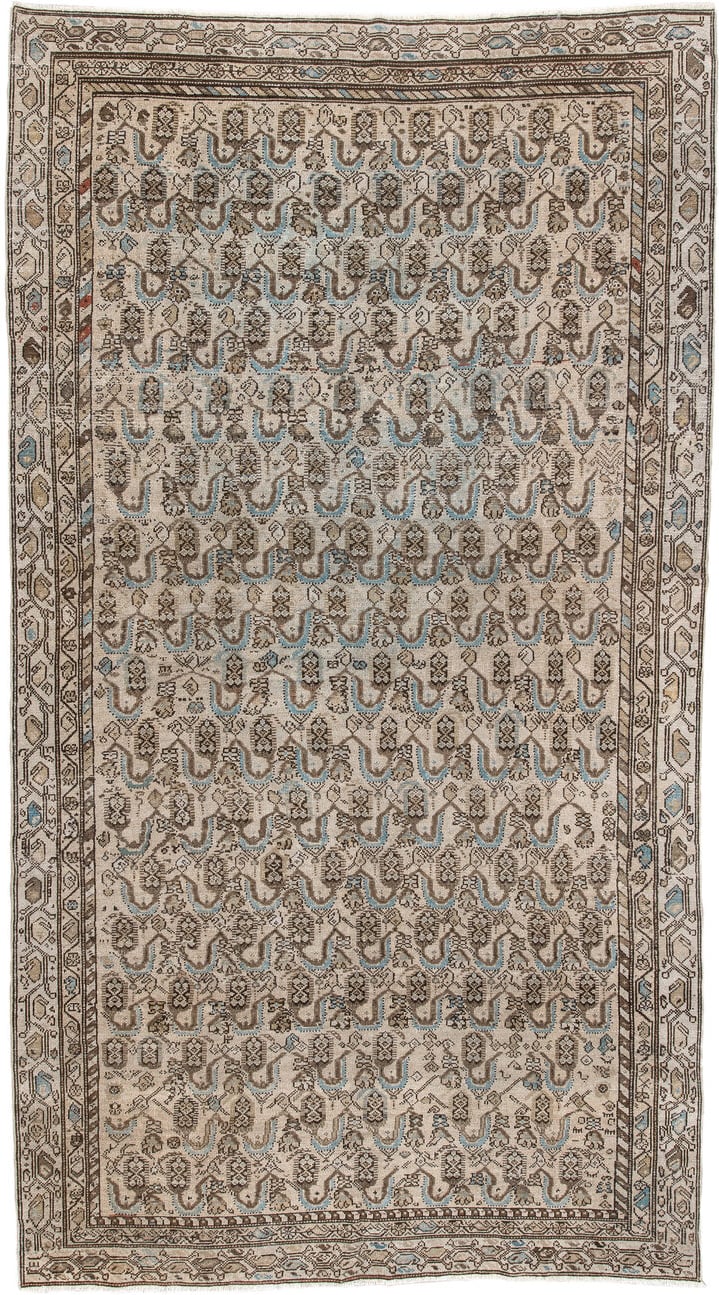 4' x 8' one-of-a-kind handmade antique Malayer medium size rug. Color palette: ivory, taupe, brown, sky blue, camel, rust