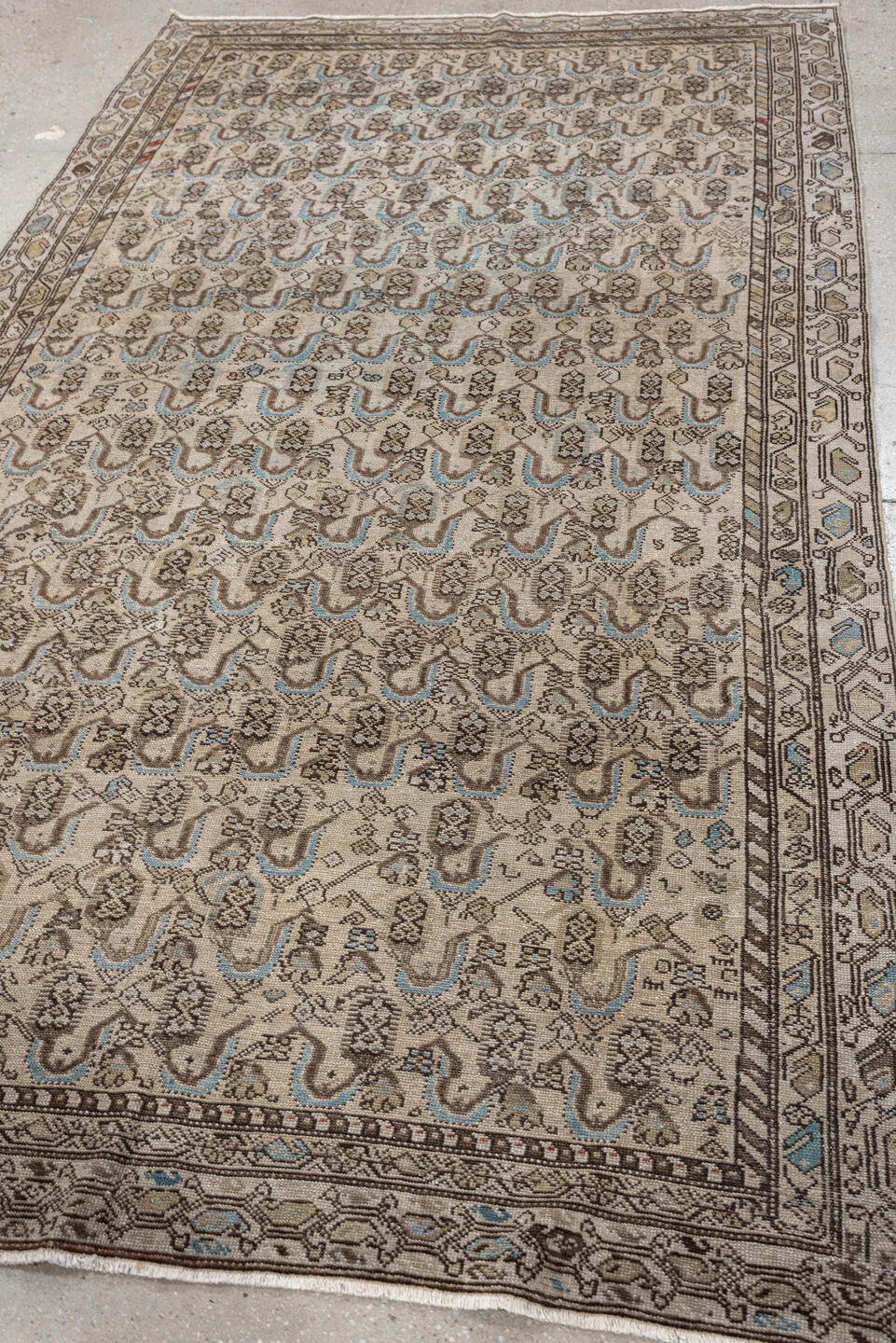 4' x 8' one-of-a-kind handmade antique Malayer medium size rug. Color palette: ivory, taupe, brown, sky blue, camel, rust