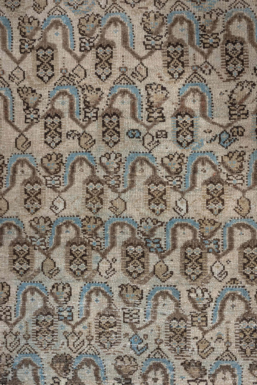 4' x 8' one-of-a-kind handmade antique Malayer medium size rug. Color palette: ivory, taupe, brown, sky blue, camel, rust