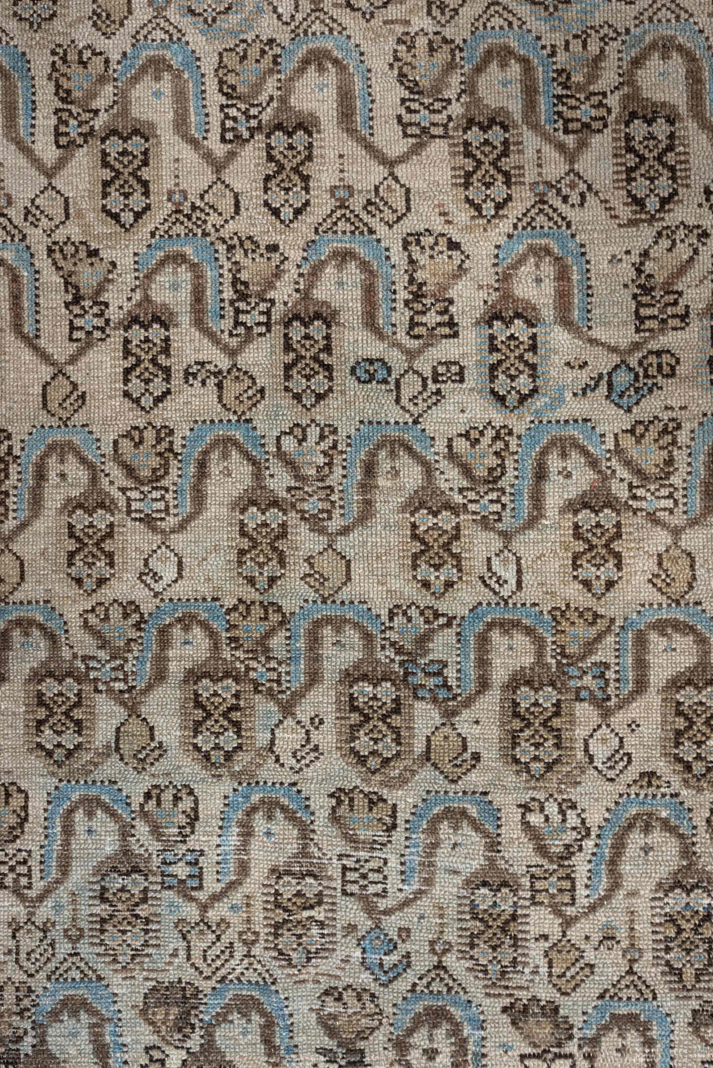 4' x 8' one-of-a-kind handmade antique Malayer medium size rug. Color palette: ivory, taupe, brown, sky blue, camel, rust