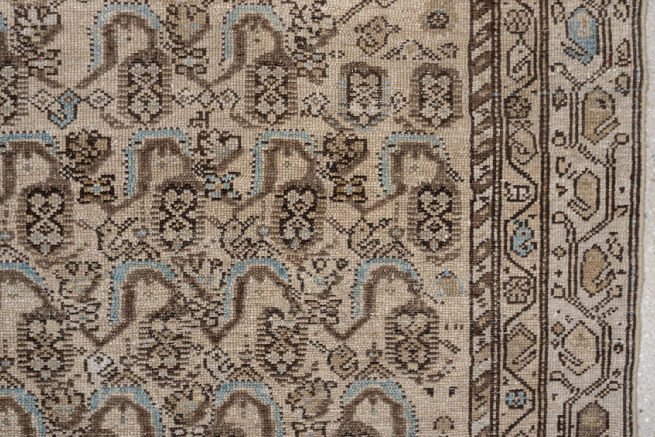 4' x 8' one-of-a-kind handmade antique Malayer medium size rug. Color palette: ivory, taupe, brown, sky blue, camel, rust