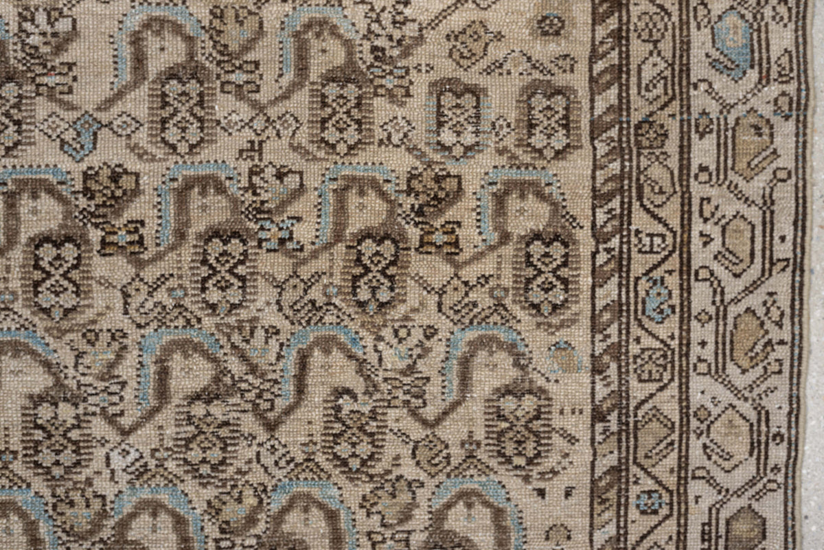 4' x 8' one-of-a-kind handmade antique Malayer medium size rug. Color palette: ivory, taupe, brown, sky blue, camel, rust
