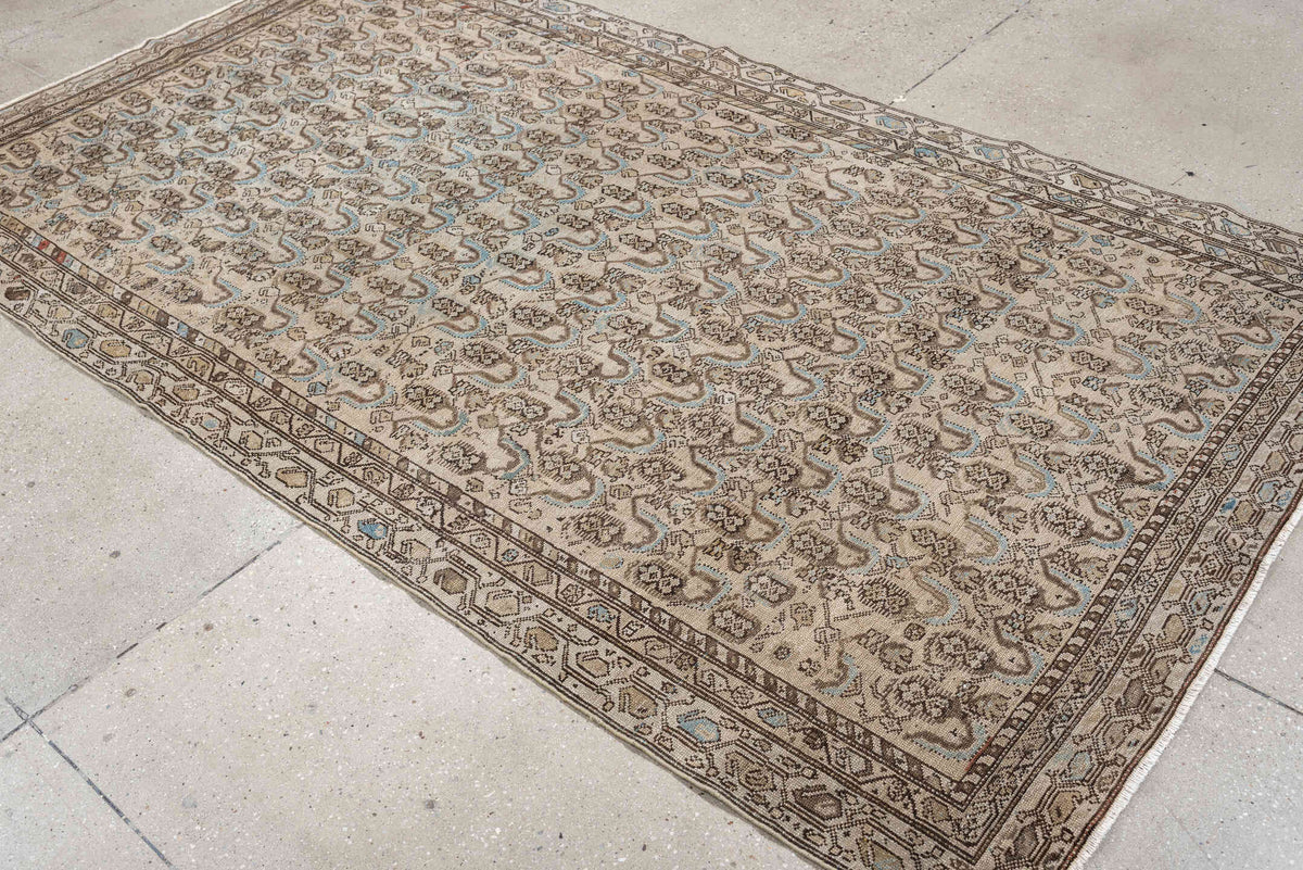 4' x 8' one-of-a-kind handmade antique Malayer medium size rug. Color palette: ivory, taupe, brown, sky blue, camel, rust