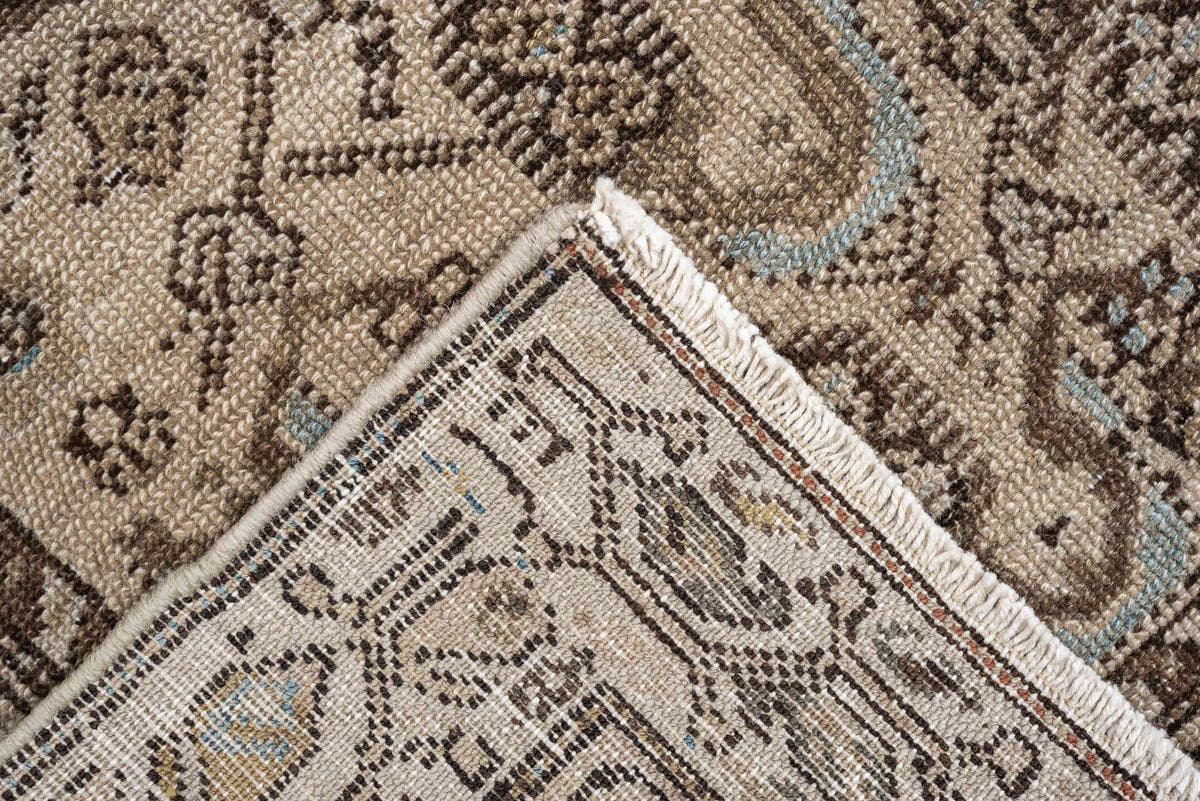 4' x 8' one-of-a-kind handmade antique Malayer medium size rug. Color palette: ivory, taupe, brown, sky blue, camel, rust