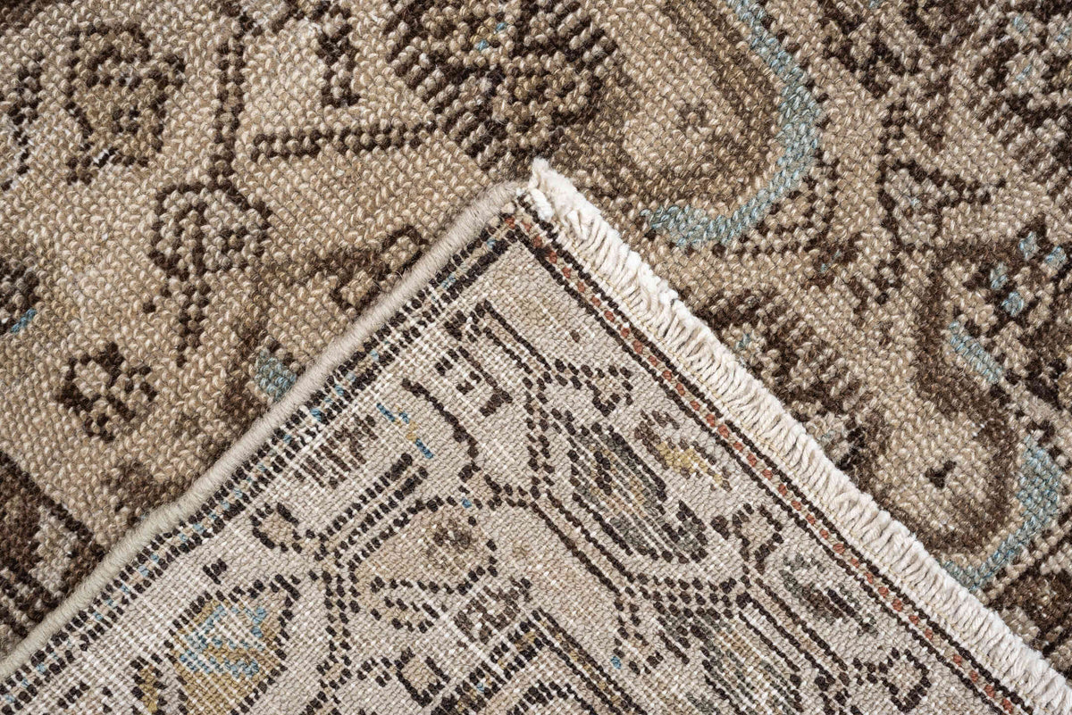 4' x 8' one-of-a-kind handmade antique Malayer medium size rug. Color palette: ivory, taupe, brown, sky blue, camel, rust