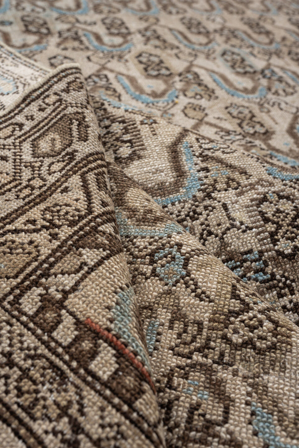 4' x 8' one-of-a-kind handmade antique Malayer medium size rug. Color palette: ivory, taupe, brown, sky blue, camel, rust
