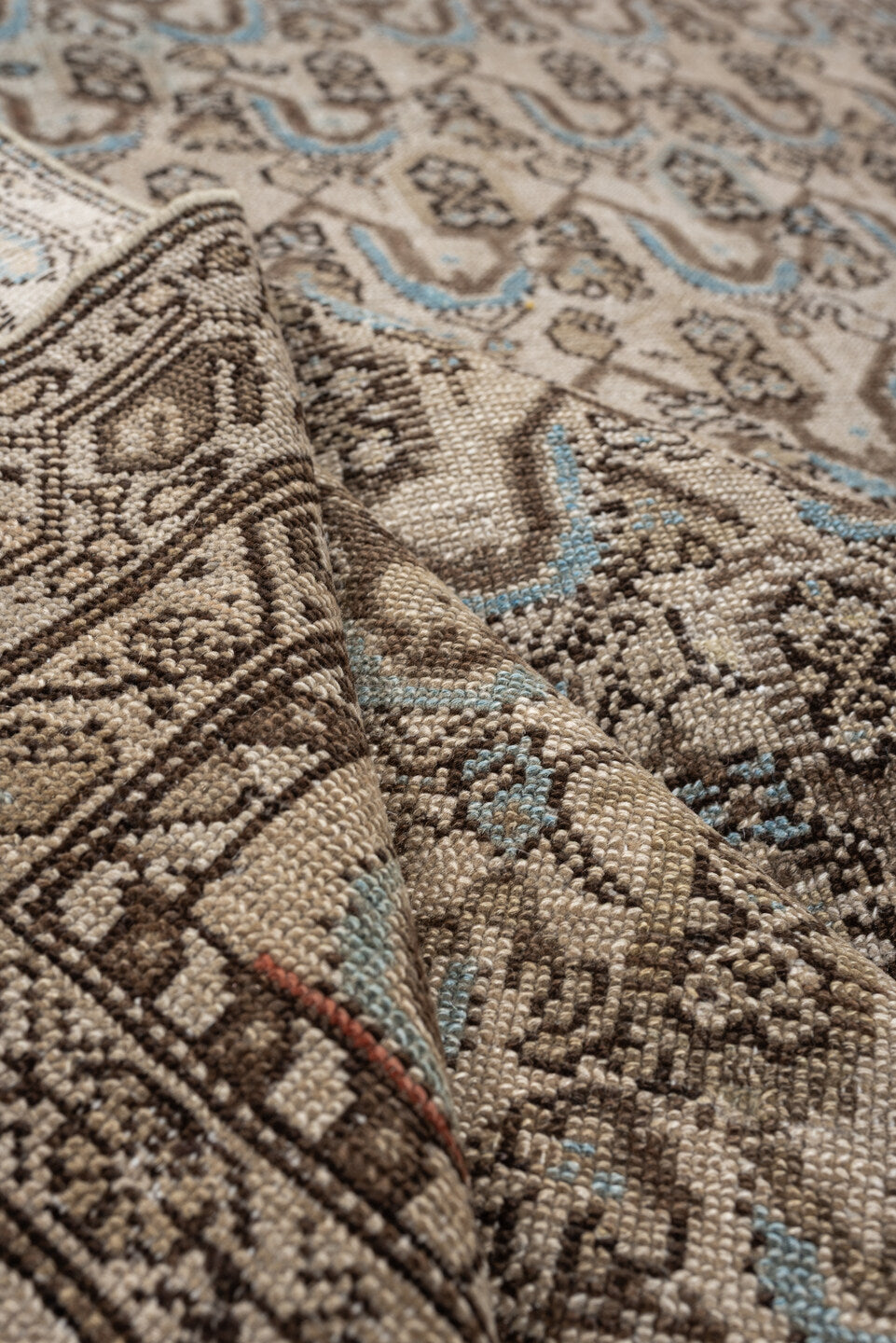 4' x 8' one-of-a-kind handmade antique Malayer medium size rug. Color palette: ivory, taupe, brown, sky blue, camel, rust