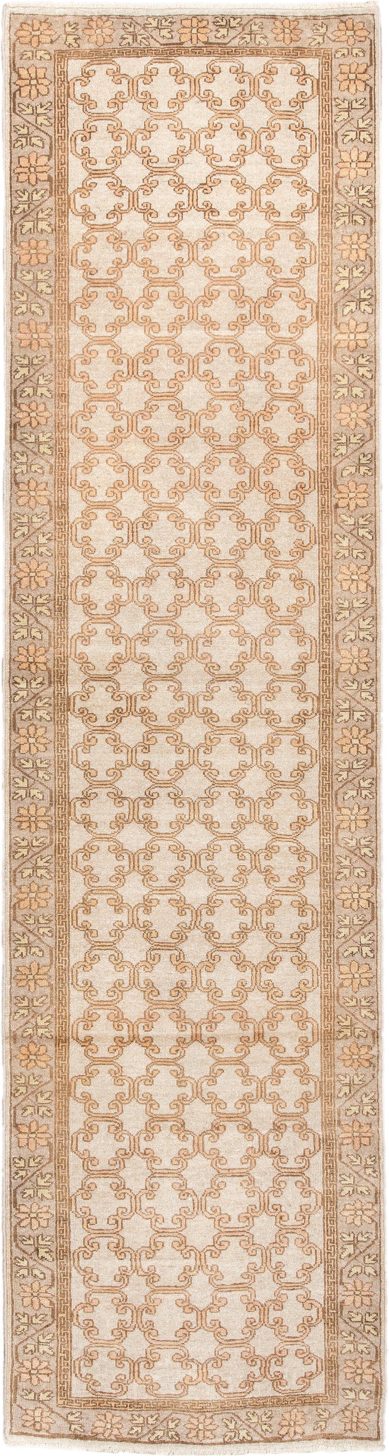2' x 10' one-of-a-kind handmade antique Khotan runner rug. Color palette: ivory, taupe, beige, pale peach, camel, gray