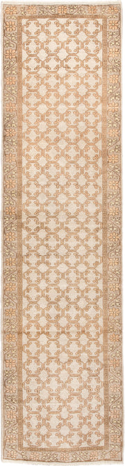 2' x 10' one-of-a-kind handmade antique Khotan runner rug. Color palette: ivory, taupe, beige, pale peach, camel, gray