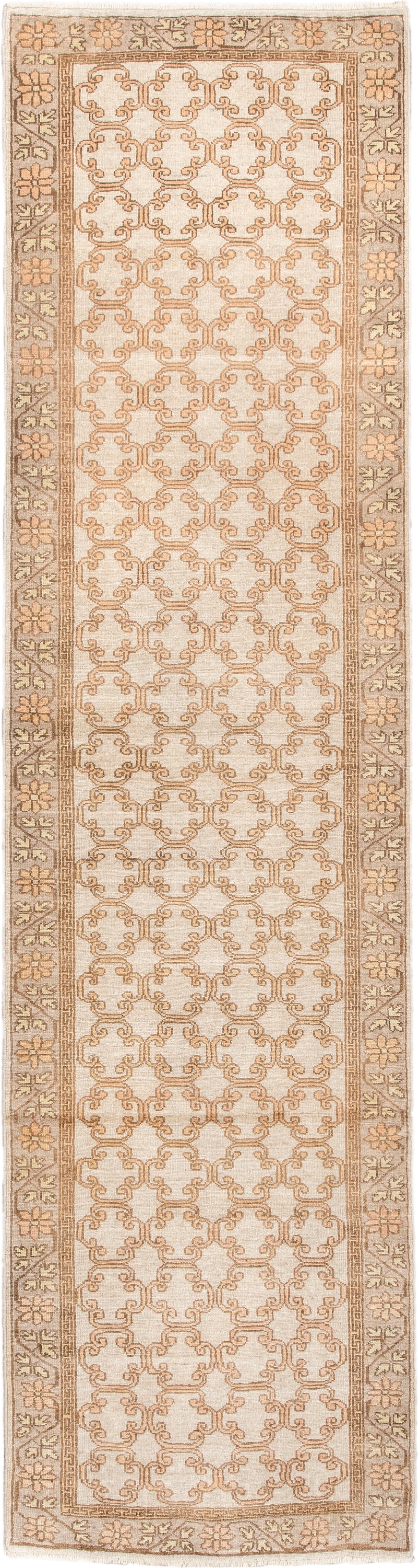 2' x 10' one-of-a-kind handmade antique Khotan runner rug. Color palette: ivory, taupe, beige, pale peach, camel, gray