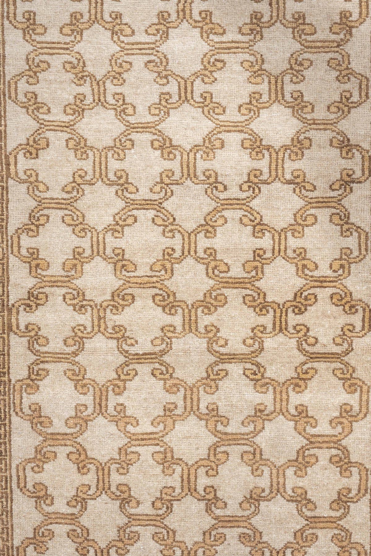 2' x 10' one-of-a-kind handmade antique Khotan runner rug. Color palette: ivory, taupe, beige, pale peach, camel, gray