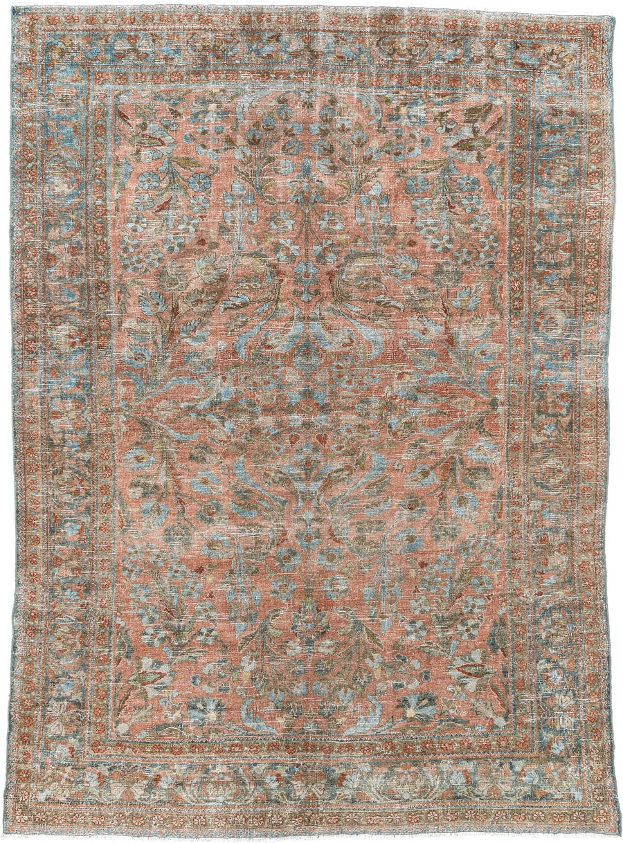 8' x 11' one-of-a-kind handmade antique Afghan large size rug. Color palette: terracotta, aqua, ivory, taupe, brown, sage