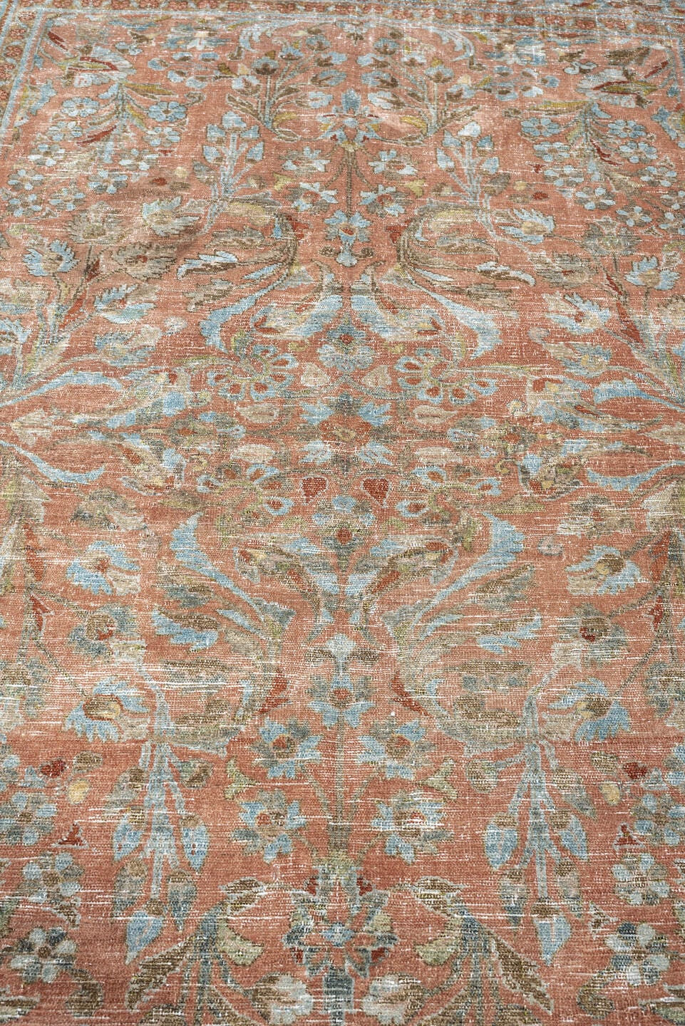 8' x 11' one-of-a-kind handmade antique Afghan large size rug. Color palette: terracotta, aqua, ivory, taupe, brown, sage