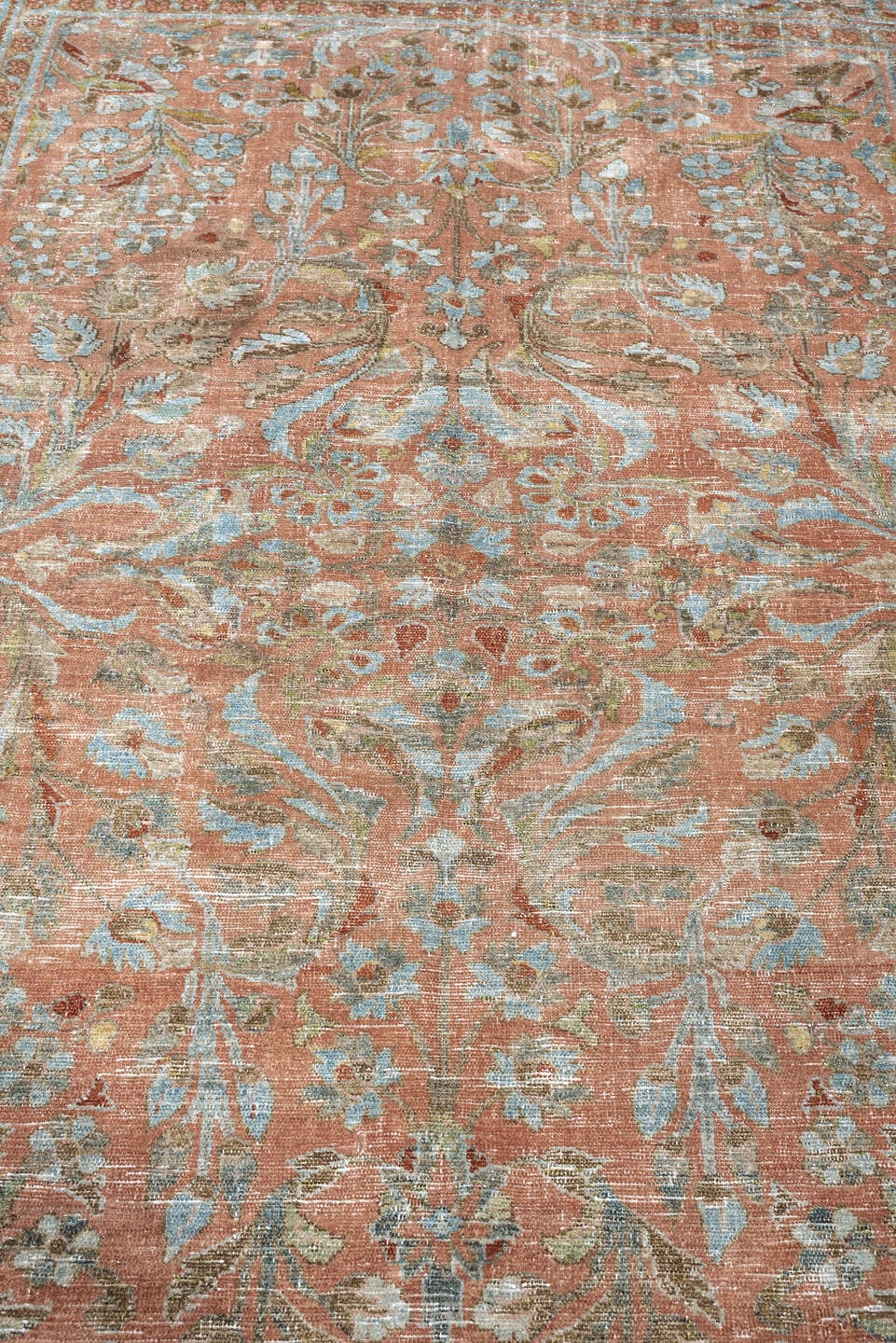8' x 11' one-of-a-kind handmade antique Afghan large size rug. Color palette: terracotta, aqua, ivory, taupe, brown, sage