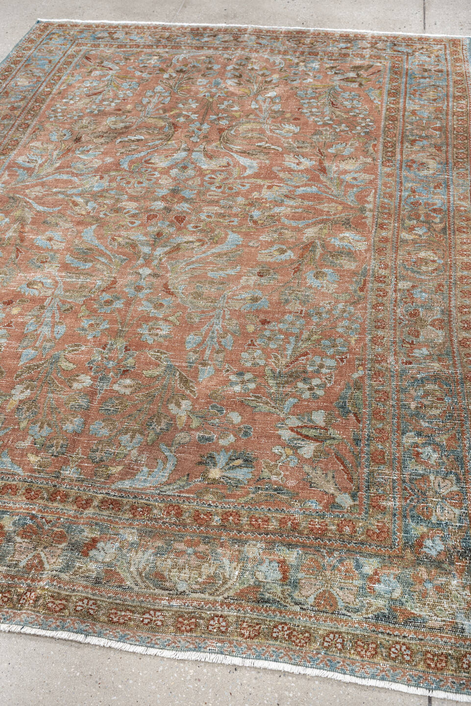 8' x 11' one-of-a-kind handmade antique Afghan large size rug. Color palette: terracotta, aqua, ivory, taupe, brown, sage