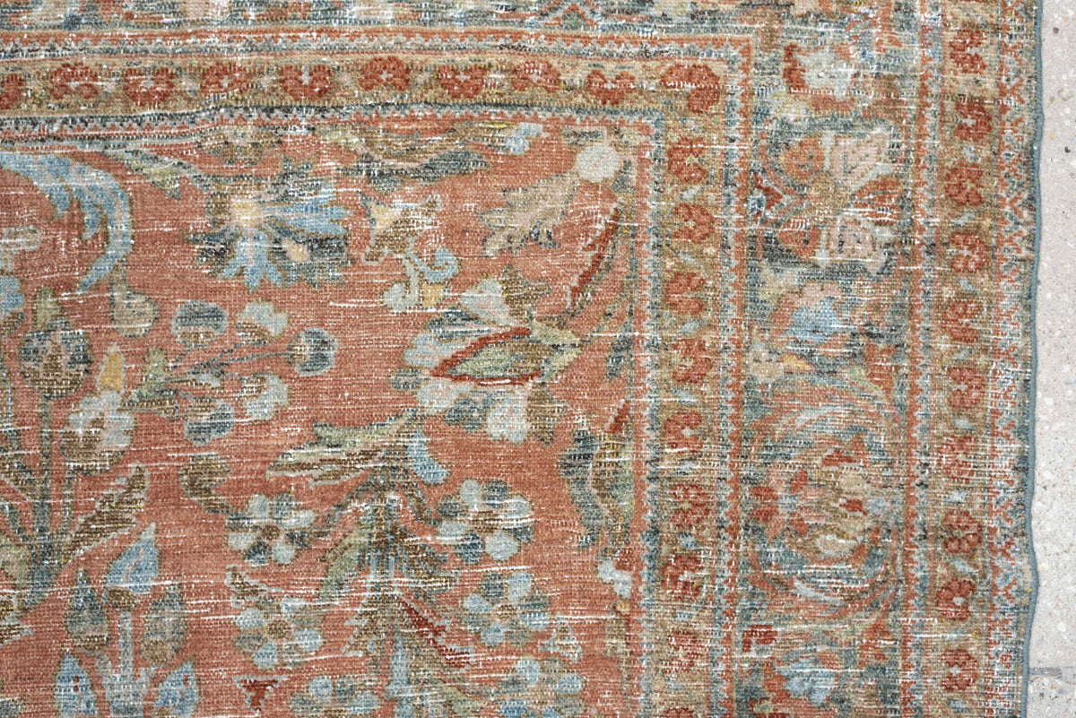 8' x 11' one-of-a-kind handmade antique Afghan large size rug. Color palette: terracotta, aqua, ivory, taupe, brown, sage