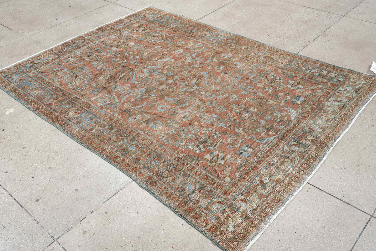 8' x 11' one-of-a-kind handmade antique Afghan large size rug. Color palette: terracotta, aqua, ivory, taupe, brown, sage