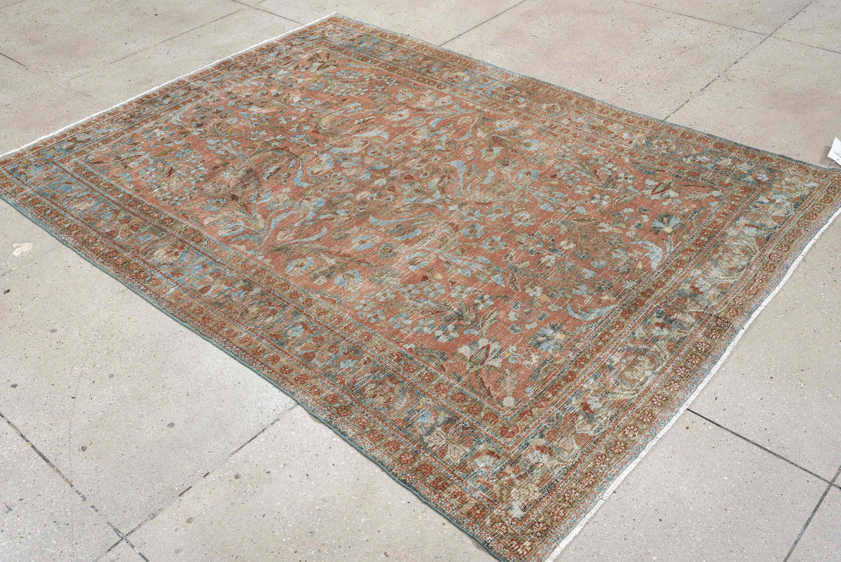 8' x 11' one-of-a-kind handmade antique Afghan large size rug. Color palette: terracotta, aqua, ivory, taupe, brown, sage