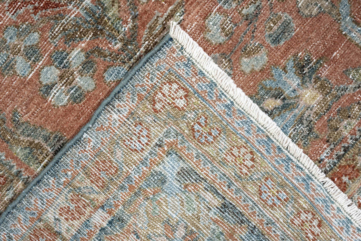 8' x 11' one-of-a-kind handmade antique Afghan large size rug. Color palette: terracotta, aqua, ivory, taupe, brown, sage