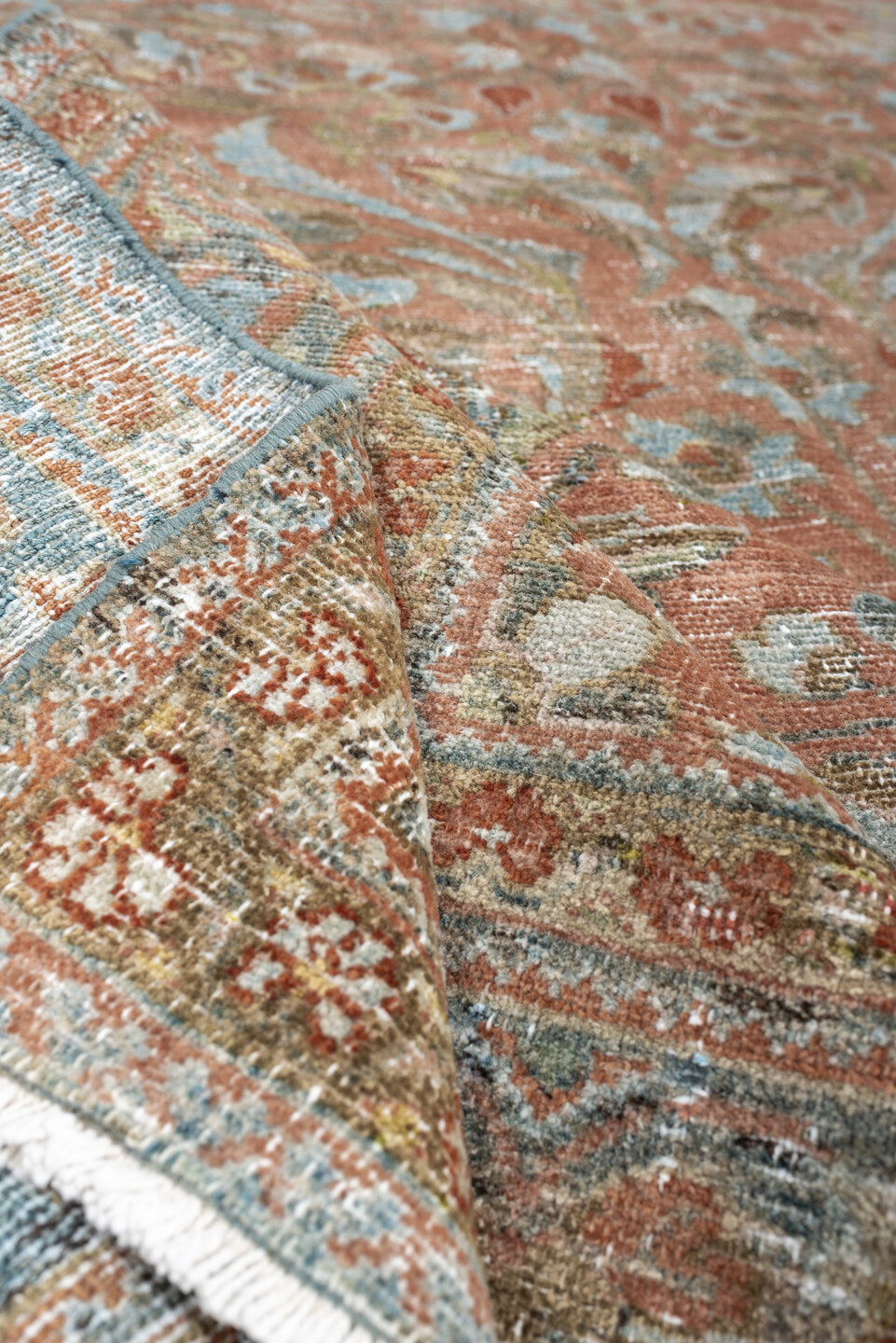 8' x 11' one-of-a-kind handmade antique Afghan large size rug. Color palette: terracotta, aqua, ivory, taupe, brown, sage
