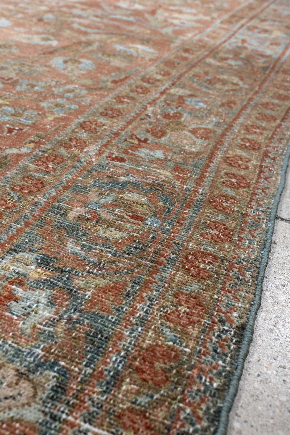 8' x 11' one-of-a-kind handmade antique Afghan large size rug. Color palette: terracotta, aqua, ivory, taupe, brown, sage