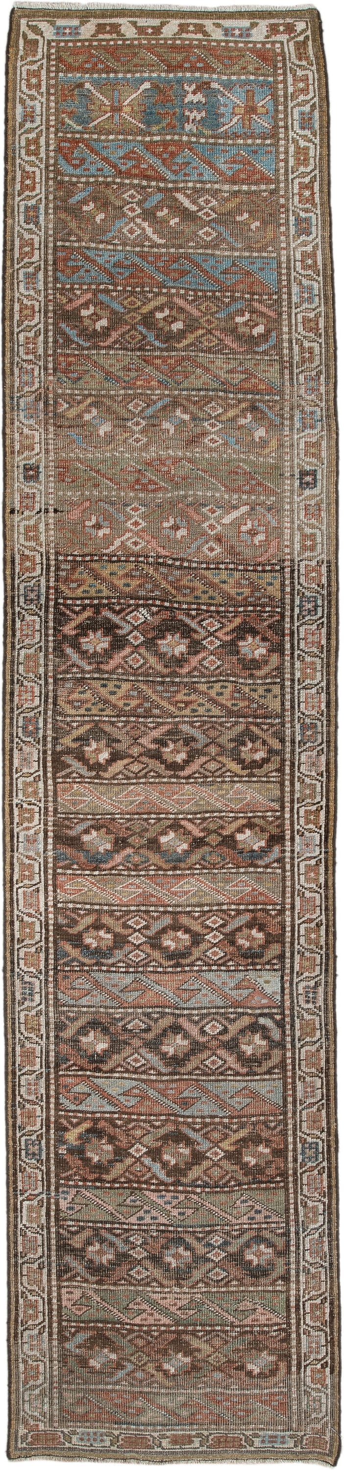 2' x 9' one-of-a-kind handmade antique Bidjar runner rug. Color palette: brown, ivory, rust, sky blue, taupe, camel