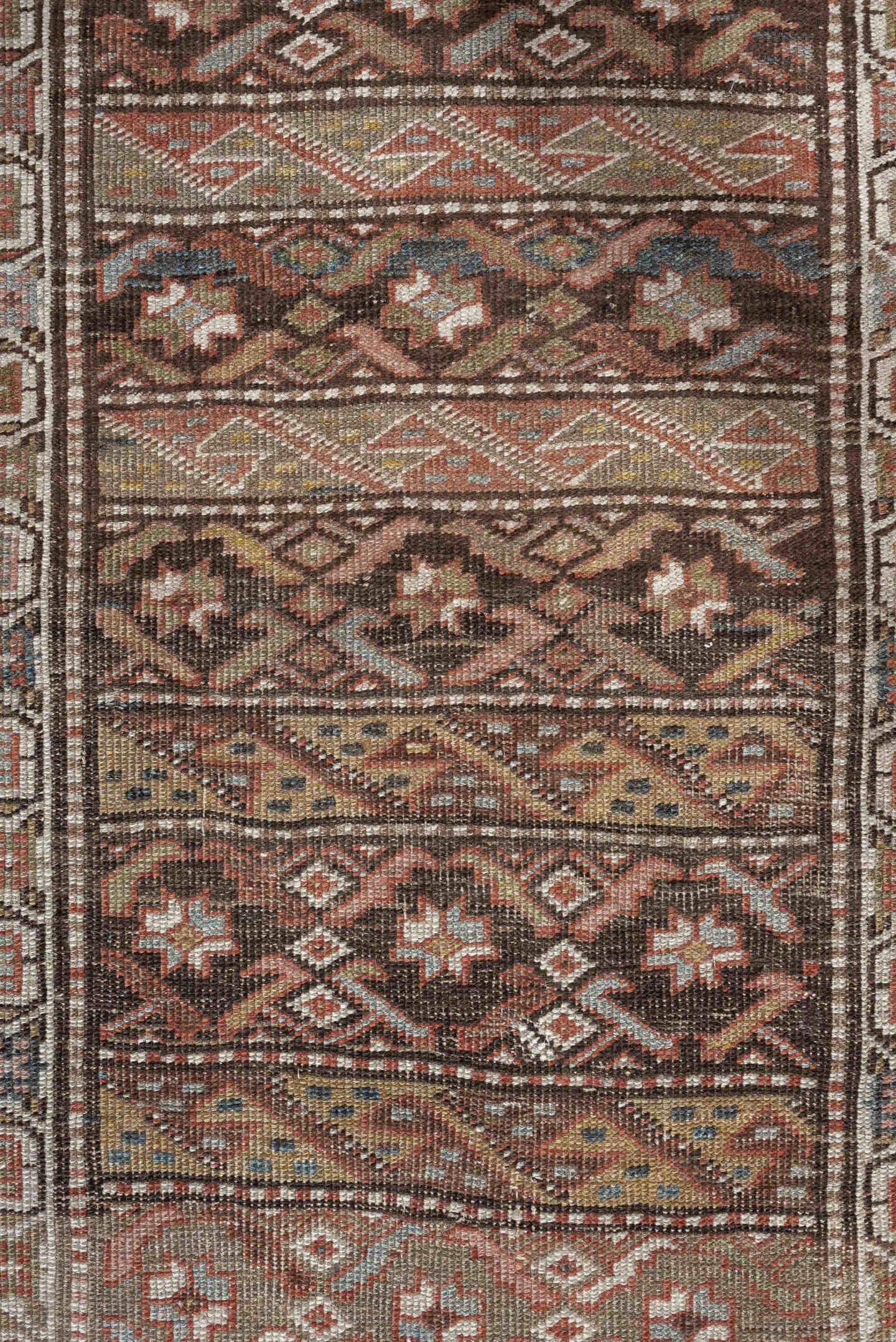 2' x 9' one-of-a-kind handmade antique Bidjar runner rug. Color palette: brown, ivory, rust, sky blue, taupe, camel