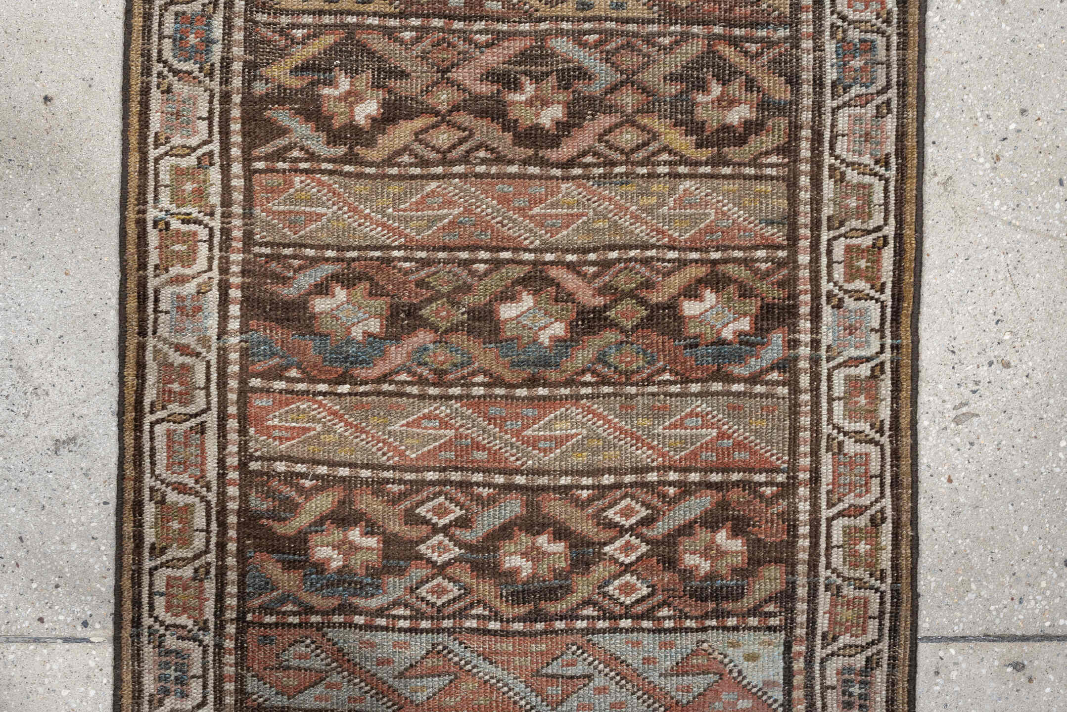2' x 9' one-of-a-kind handmade antique Bidjar runner rug. Color palette: brown, ivory, rust, sky blue, taupe, camel