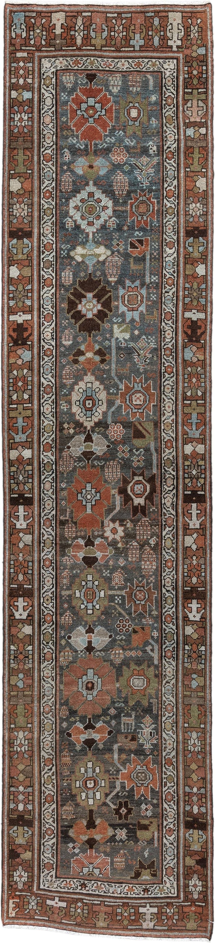 2' x 12' one-of-a-kind handmade antique NW Persian runner rug. Color palette: slate blue, rust, ivory, charcoal, dark brown