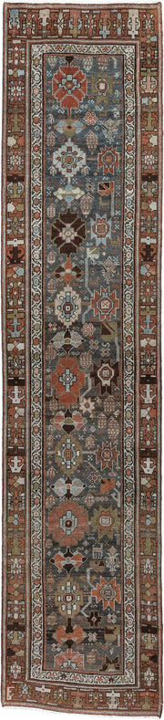 2' x 12' one-of-a-kind handmade antique NW Persian runner rug. Color palette: slate blue, rust, ivory, charcoal, dark brown