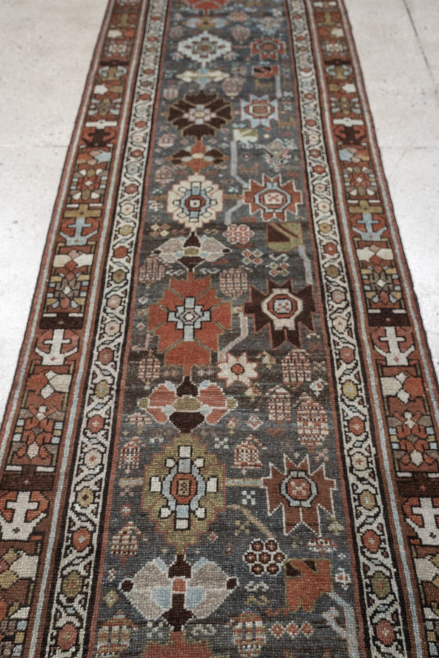 2' x 12' one-of-a-kind handmade antique NW Persian runner rug. Color palette: slate blue, rust, ivory, charcoal, dark brown