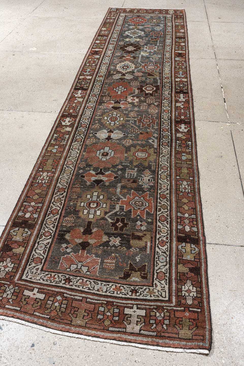 2' x 12' one-of-a-kind handmade antique NW Persian runner rug. Color palette: slate blue, rust, ivory, charcoal, dark brown