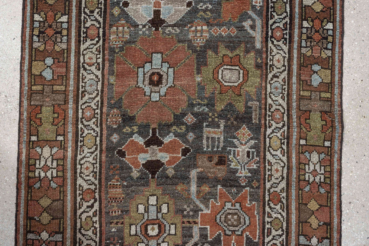 2' x 12' one-of-a-kind handmade antique NW Persian runner rug. Color palette: slate blue, rust, ivory, charcoal, dark brown