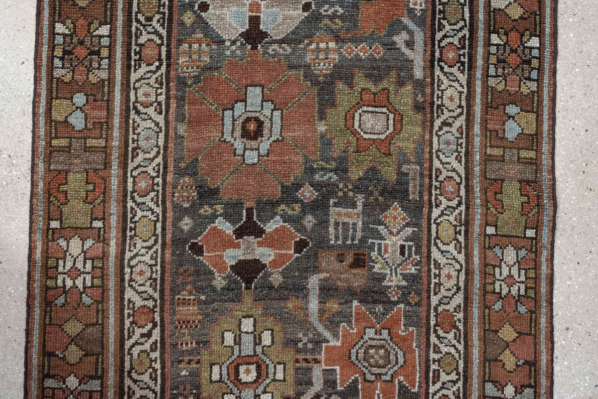 2' x 12' one-of-a-kind handmade antique NW Persian runner rug. Color palette: slate blue, rust, ivory, charcoal, dark brown