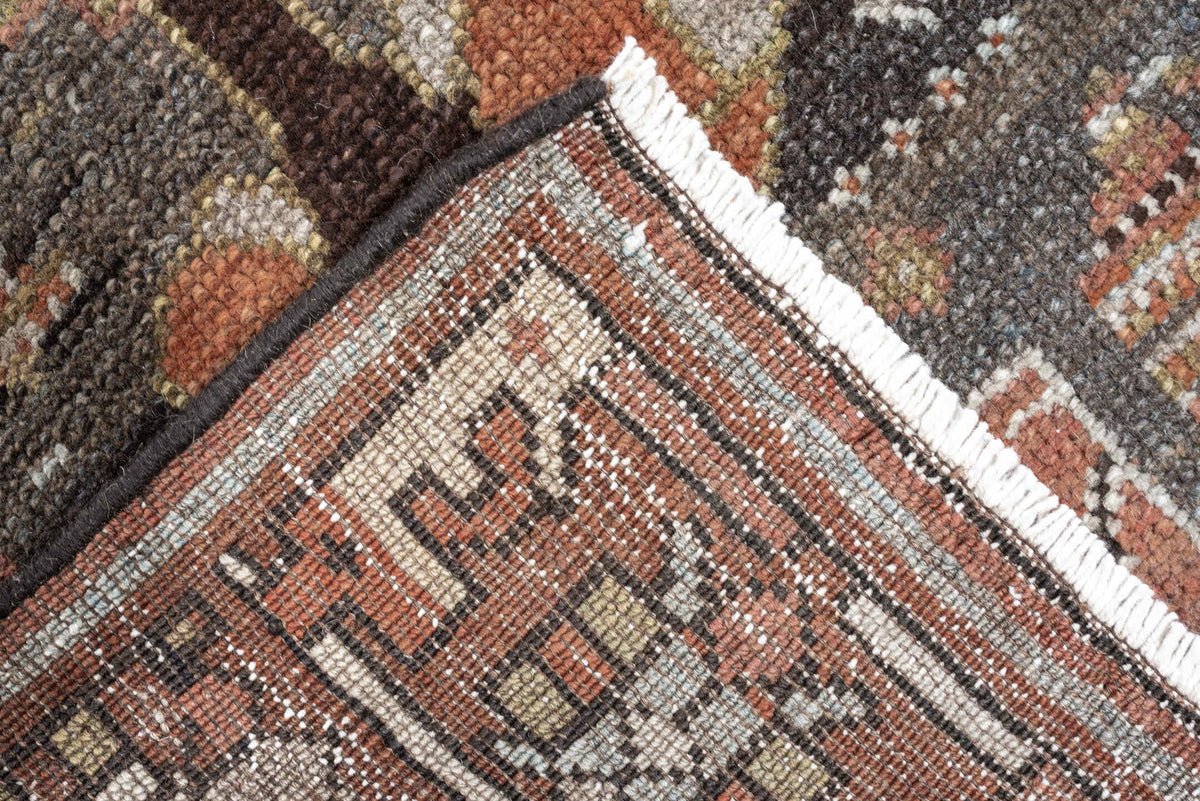2' x 12' one-of-a-kind handmade antique NW Persian runner rug. Color palette: slate blue, rust, ivory, charcoal, dark brown