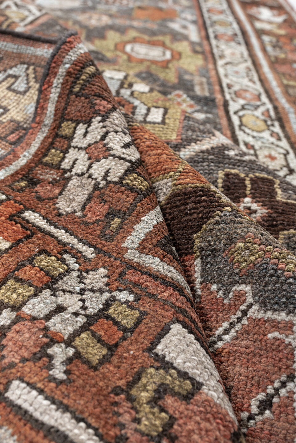 2' x 12' one-of-a-kind handmade antique NW Persian runner rug. Color palette: slate blue, rust, ivory, charcoal, dark brown