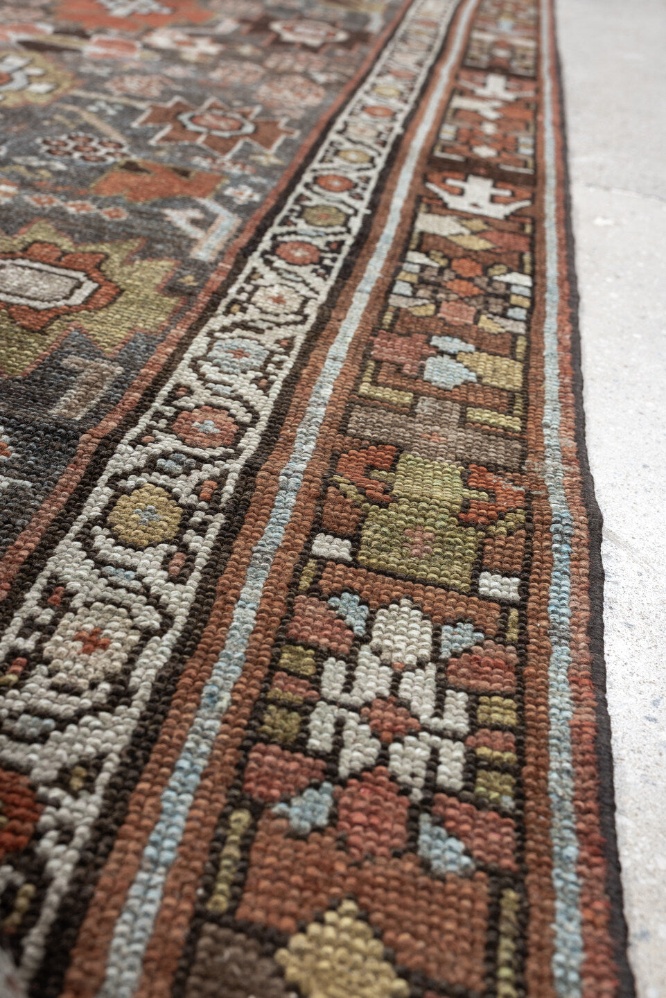 2' x 12' one-of-a-kind handmade antique NW Persian runner rug. Color palette: slate blue, rust, ivory, charcoal, dark brown