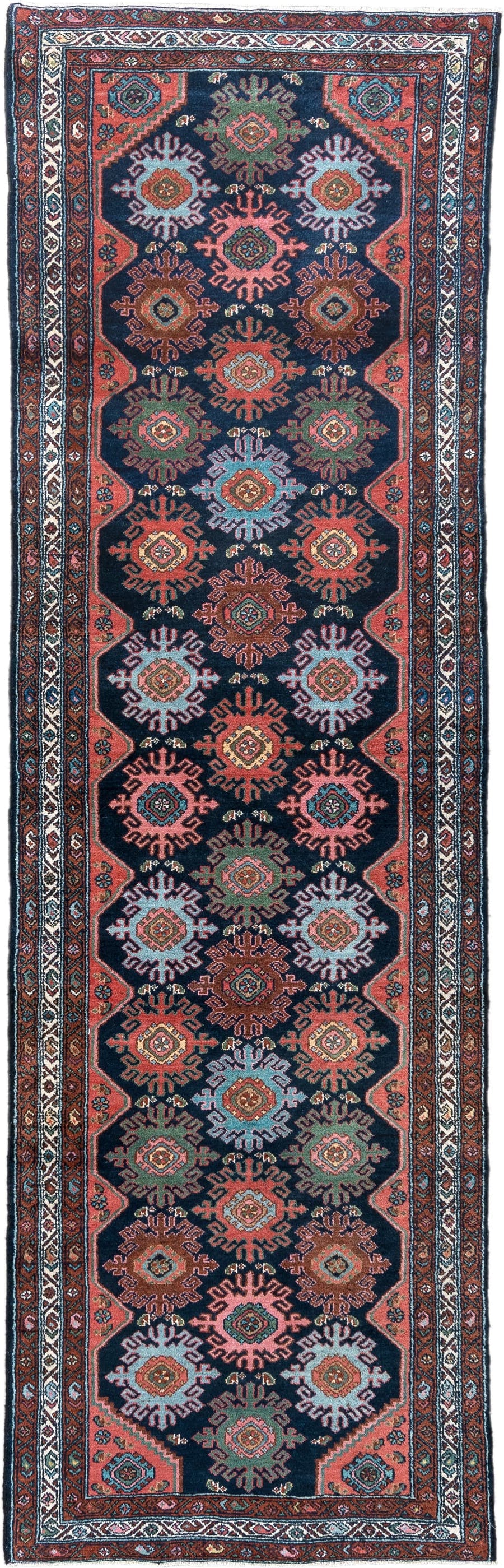 3' x 9' one-of-a-kind handmade antique Malayer runner rug. Color palette: navy, coral, ivory, rust, teal, sage, ochre