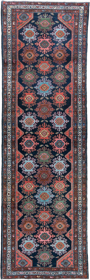 3' x 9' one-of-a-kind handmade antique Malayer runner rug. Color palette: navy, coral, ivory, rust, teal, sage, ochre