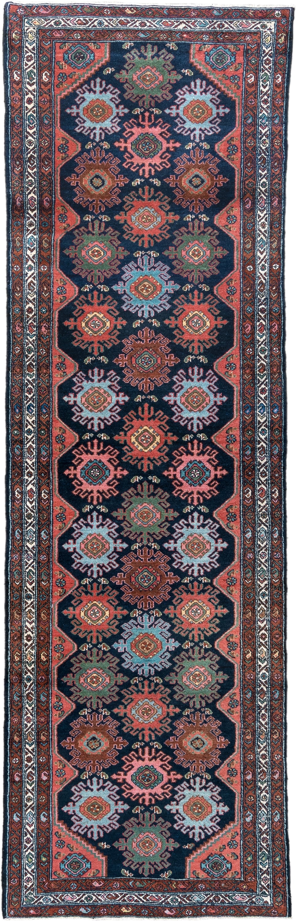 3' x 9' one-of-a-kind handmade antique Malayer runner rug. Color palette: navy, coral, ivory, rust, teal, sage, ochre