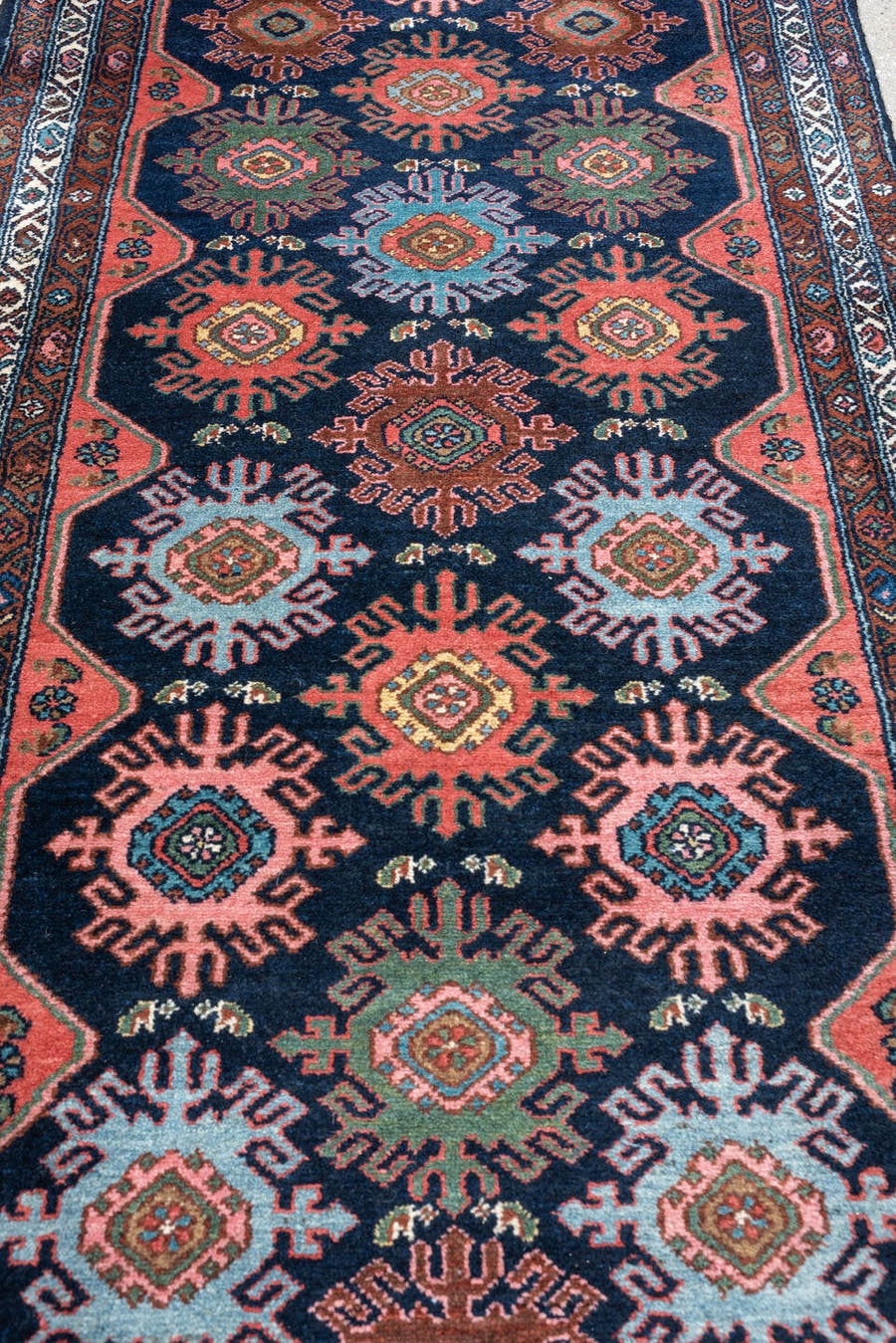 3' x 9' one-of-a-kind handmade antique Malayer runner rug. Color palette: navy, coral, ivory, rust, teal, sage, ochre