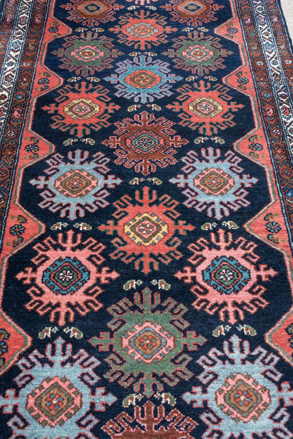 3' x 9' one-of-a-kind handmade antique Malayer runner rug. Color palette: navy, coral, ivory, rust, teal, sage, ochre