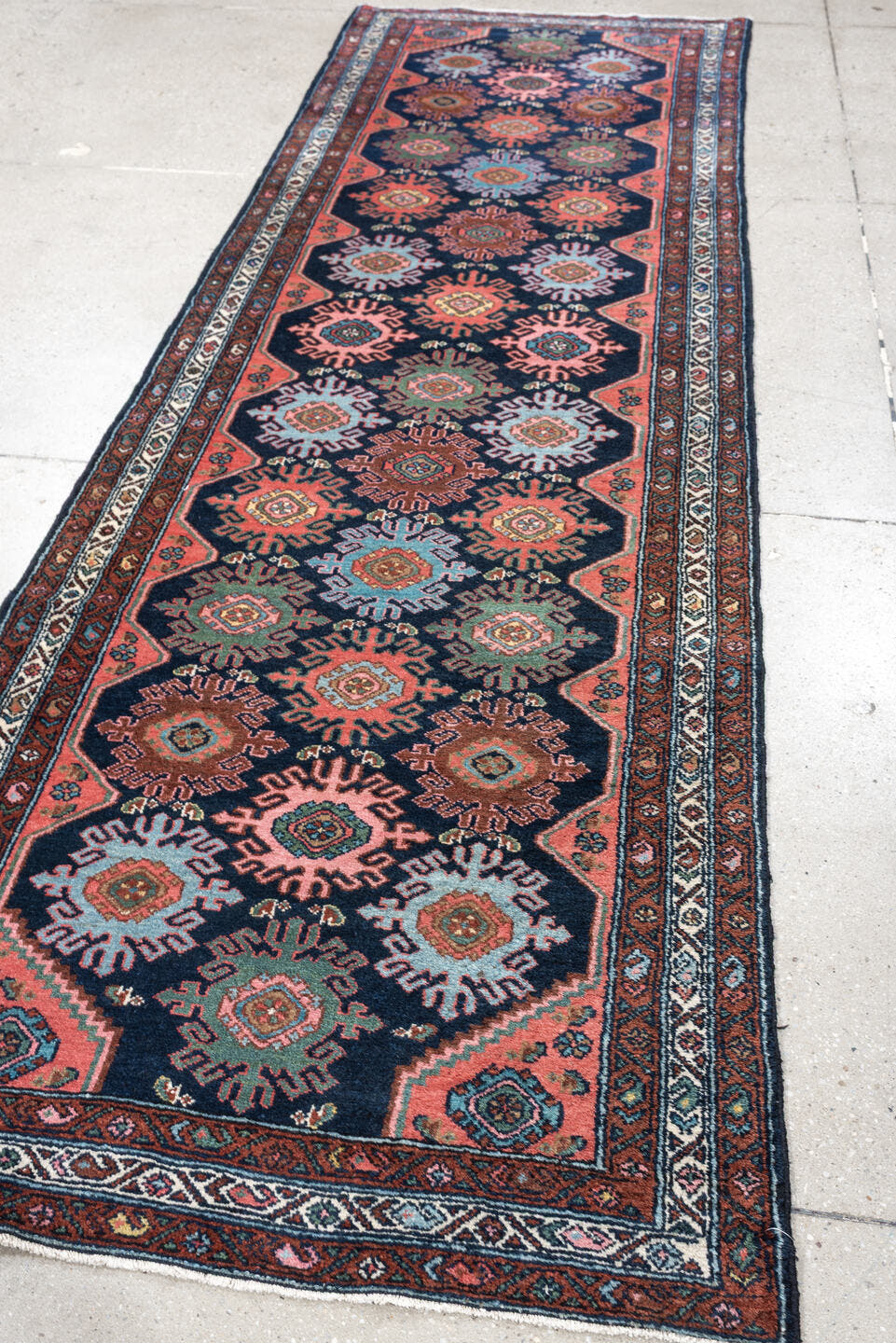 3' x 9' one-of-a-kind handmade antique Malayer runner rug. Color palette: navy, coral, ivory, rust, teal, sage, ochre