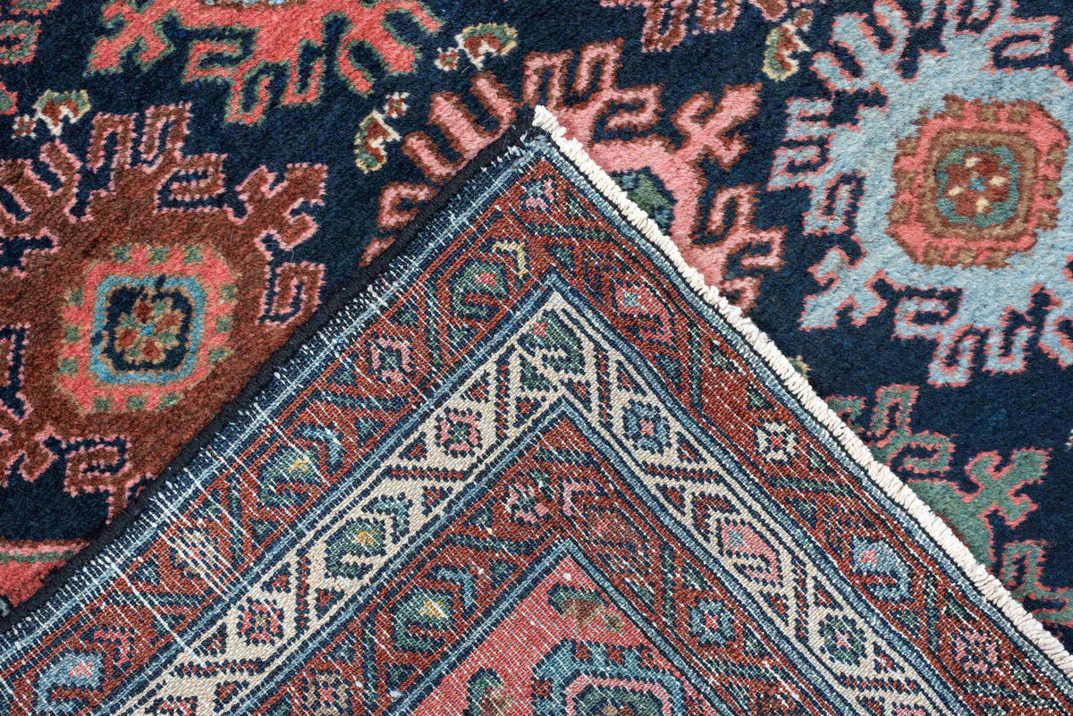 3' x 9' one-of-a-kind handmade antique Malayer runner rug. Color palette: navy, coral, ivory, rust, teal, sage, ochre