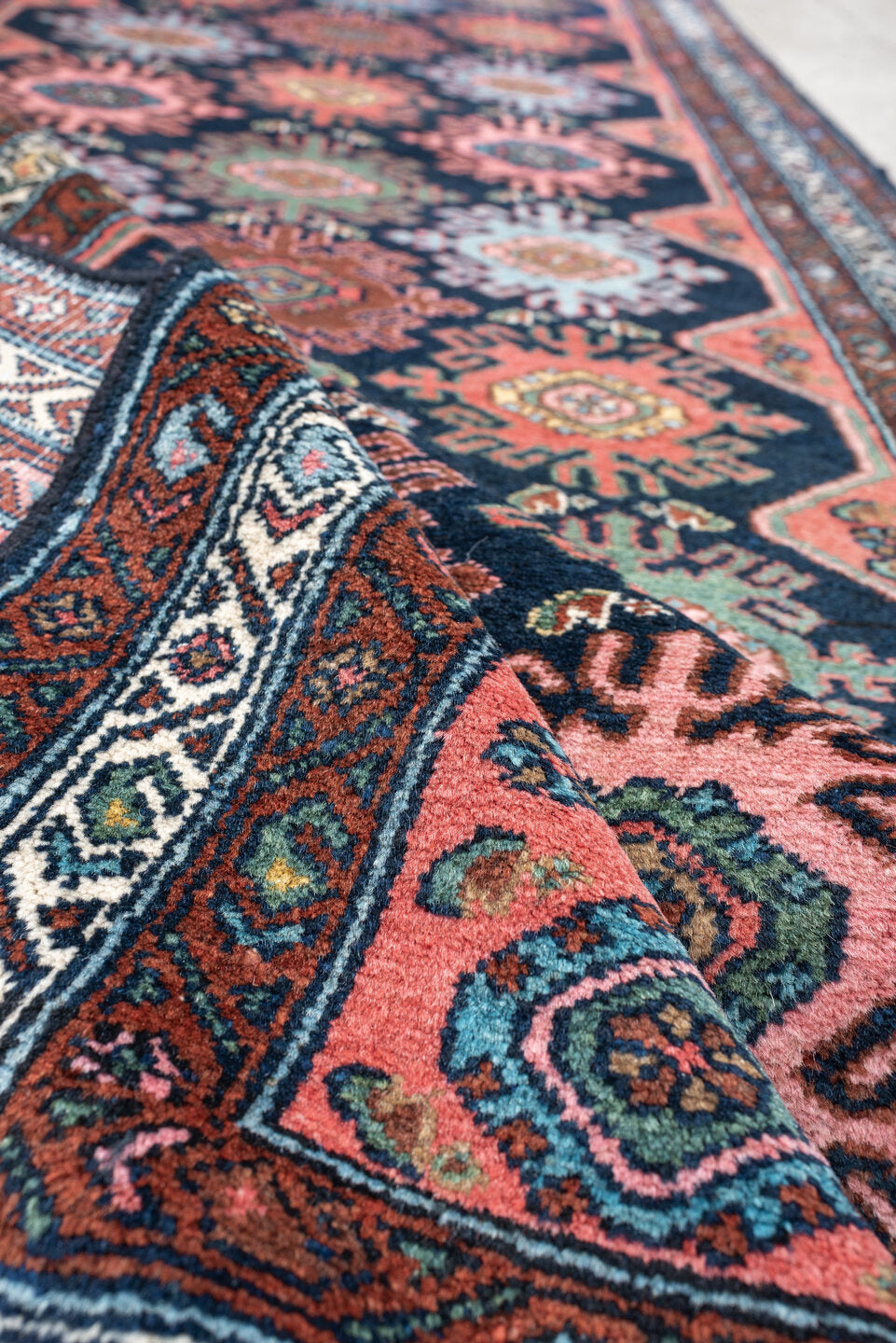 3' x 9' one-of-a-kind handmade antique Malayer runner rug. Color palette: navy, coral, ivory, rust, teal, sage, ochre