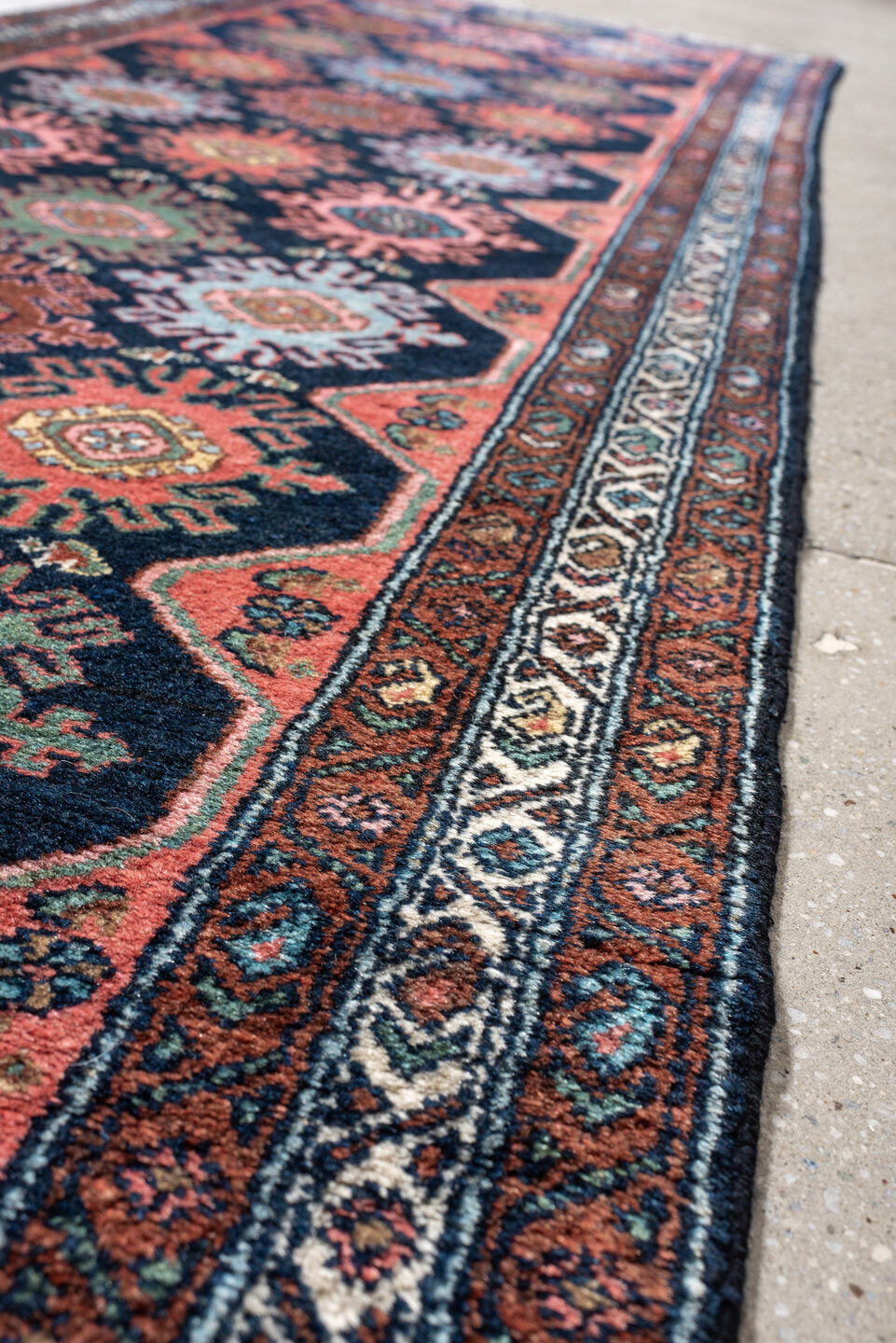 3' x 9' one-of-a-kind handmade antique Malayer runner rug. Color palette: navy, coral, ivory, rust, teal, sage, ochre
