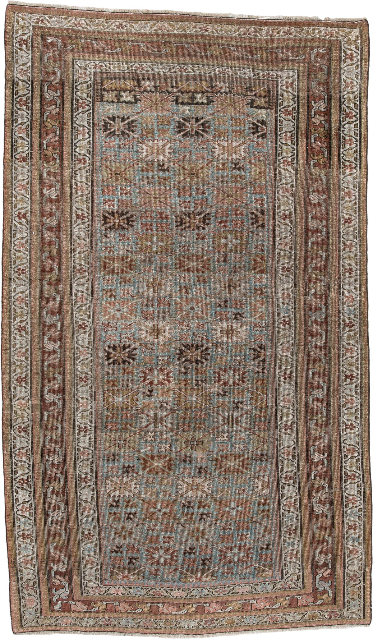 4' x 7' one-of-a-kind handmade antique Bidjar rug. Color palette: pale blue, rust, ivory, camel, taupe, brown, charcoal