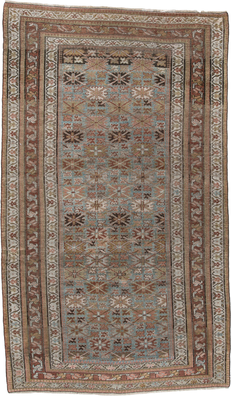 4' x 7' one-of-a-kind handmade antique Bidjar rug. Color palette: pale blue, rust, ivory, camel, taupe, brown, charcoal